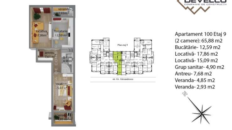 Apartament 100 Etaj 9 (2 camere): 66,72 m2