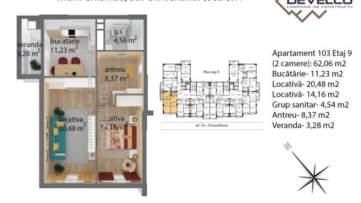 Apartament 103 Etaj 9 (2 camere): 62,06 m2