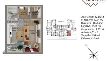 Apartament 12 Etaj 2 (1 camere): 42,64 m2