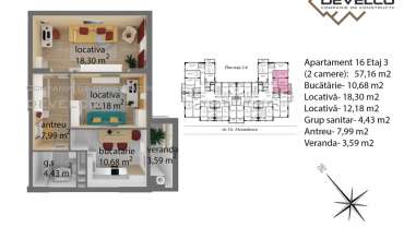 Apartament 16 Etaj 3 (2 camere) 57,7 m2