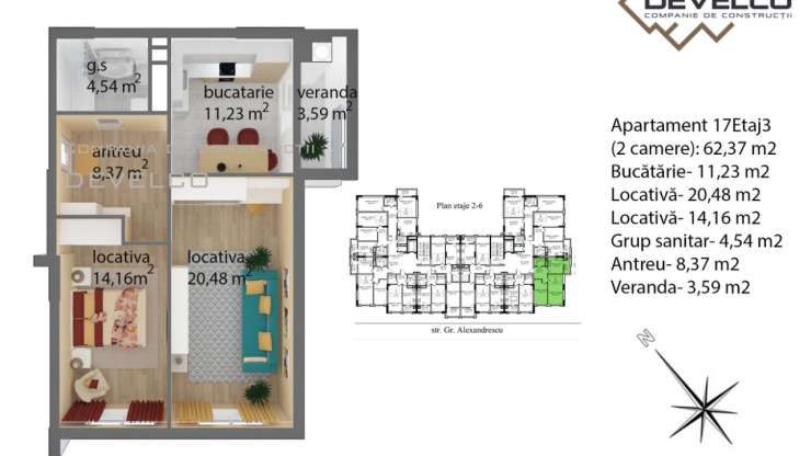 Apartament 17 Etaj 3 (2 camere): 62,92 m2