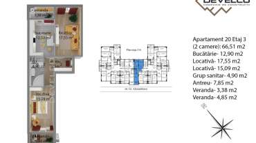 Apartament 20 Etaj 3 (2 camere): 66,83 m2