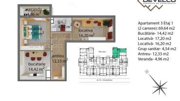 Apartament 3 Etaj 1 (2 camere): 69,64 m2