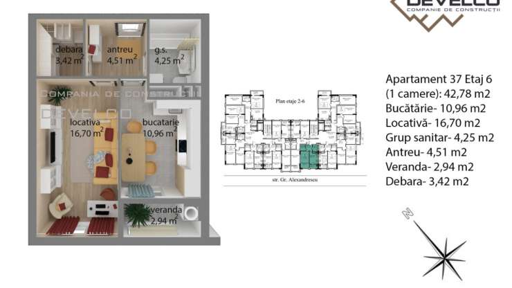 Apartament 37 Etaj 6 (1 camera): 42,78 m2