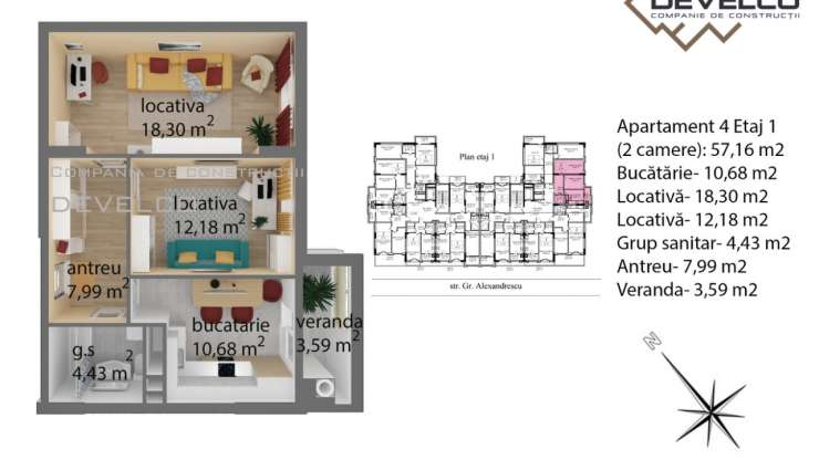 Apartament 4 Etaj 1 (2 camere): 57,7 m2