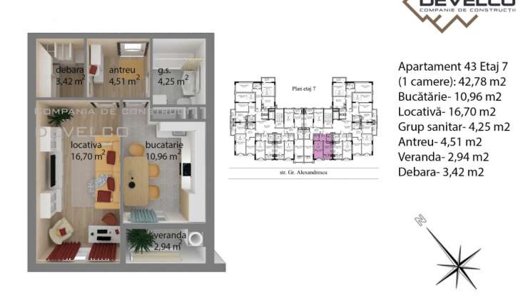 Apartament 43 Etaj 7 (1 camera): 43,07 m2