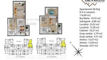 Apartament 46 Etaj 8-9 (3 camere): 113,5 m2