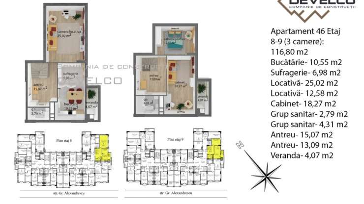 Apartament 46 Etaj 8-9 (3 camere): 113,5 m2