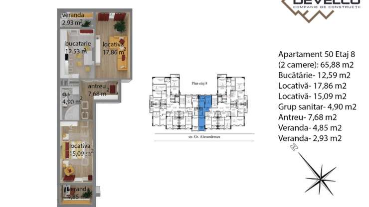 Apartament 50 Etaj 8 (2 camere): 66,72 m2