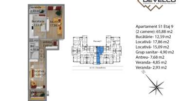 Apartament 51 Etaj 9 (2 camere): 66,72 m2