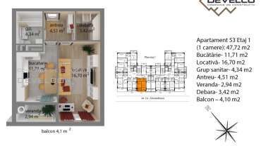Apartament 53 Etaj 1 (1 camere): 44,86 m2