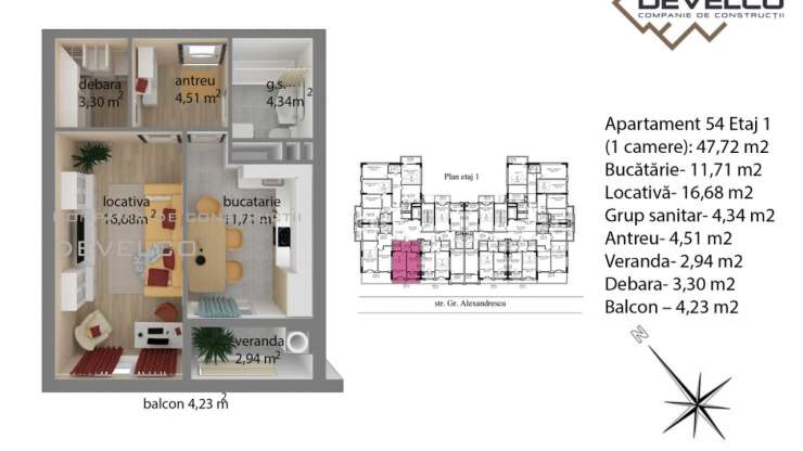 Apartament 54 Etaj 1 (1 camere): 44,76 m2