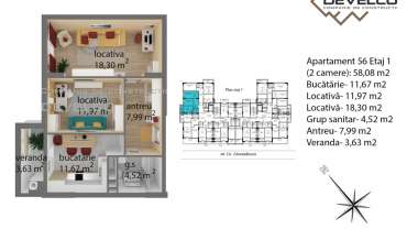 Apartament 56 Etaj 1 (2 camere): 58,58 m2