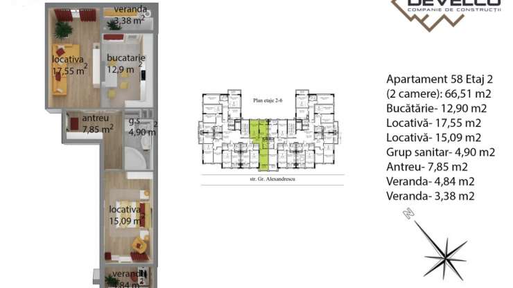 Apartament 58 Etaj 2 (2 camere): 66,83 m2