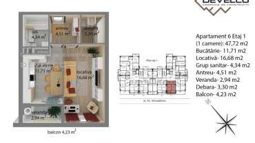 Apartament 6 Etaj 1 (1 camere): 44,75 m2