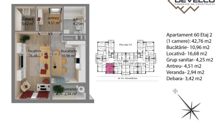 Apartament 60 Etaj 2 (1 camera): 42,76 m2