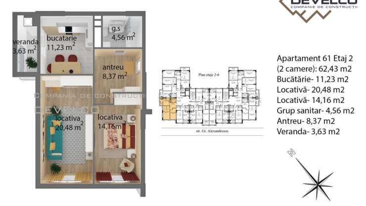 Apartament 61 Etaj 2 (2 camere): 62,94 m2