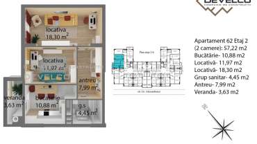Apartament 62 Etaj 2 (2 camere): 57,72 m2
