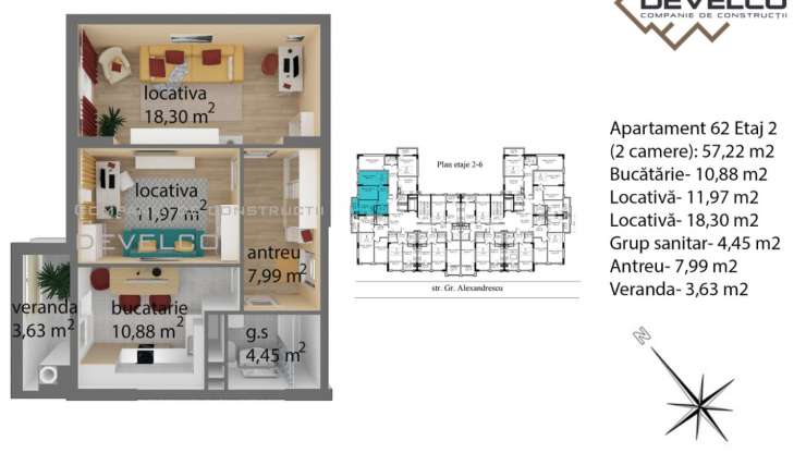 Apartament 62 Etaj 2 (2 camere): 57,72 m2