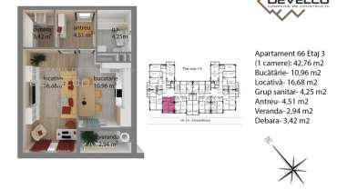 Apartament 66 Etaj 3 (1 camera): 42,76 m2