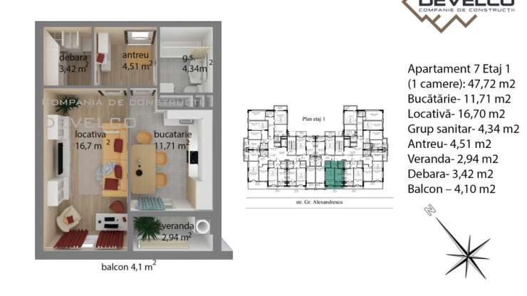 Apartament 7 Etaj 1 (1 camere): 44,21 m2