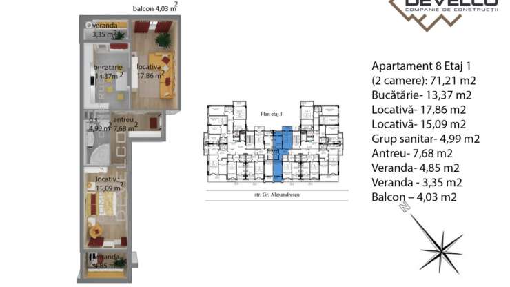 Apartament 8 Etaj 1 (2 camere): 68,74 m2
