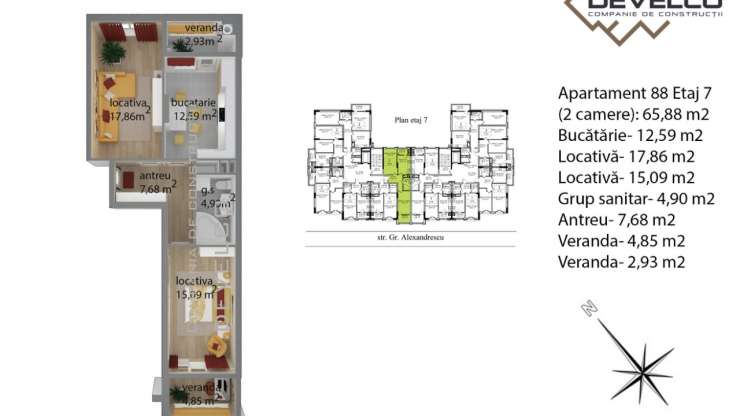 Apartament 88 Etaj 7 (2 camere): 66,72 m2