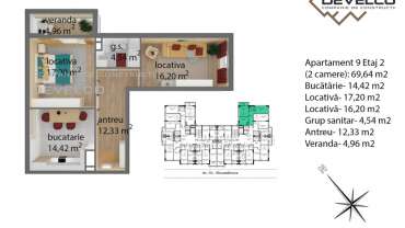 Apartament 9 Etaj 2 (2 camere): 69,64 m2