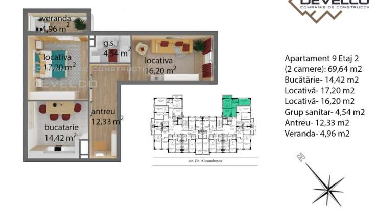 Apartament 9 Etaj 2 (2 camere): 69,64 m2