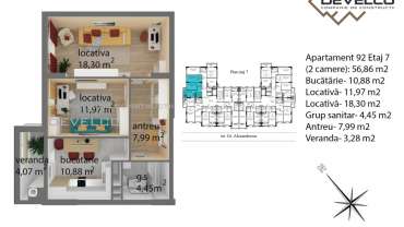 Apartament 92 Etaj 7 (2 camere): 56,86 m2