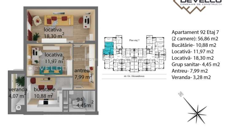 Apartament 92 Etaj 7 (2 camere): 56,86 m2